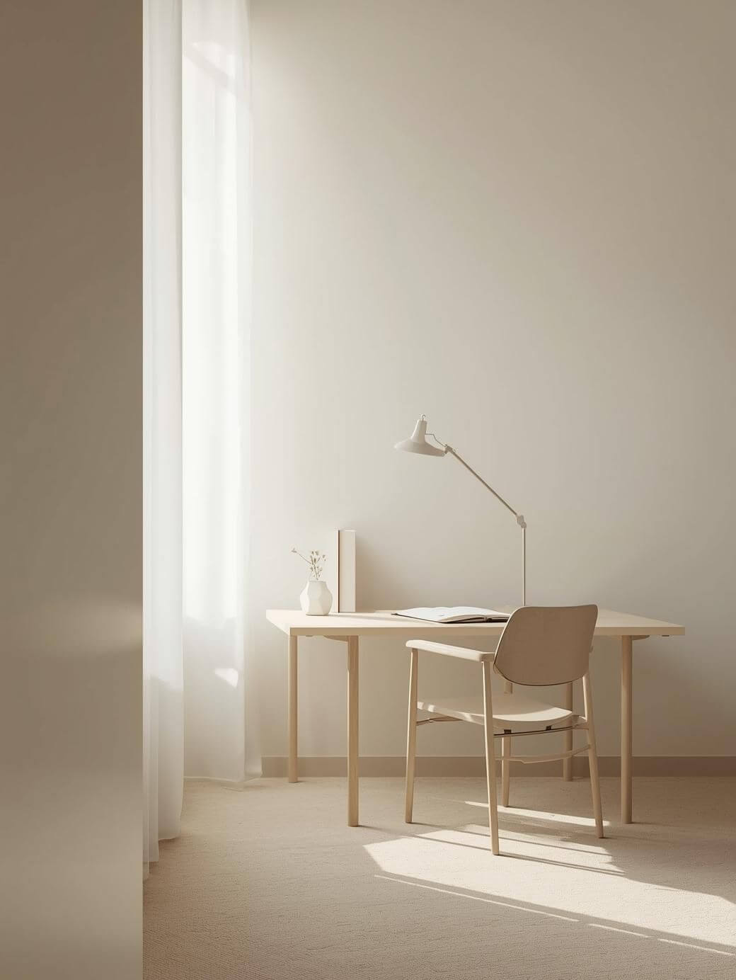 A minimal workspace with a desk, chair, and open notebook near a window, lit by soft late-day light in a quiet, neutral room.
