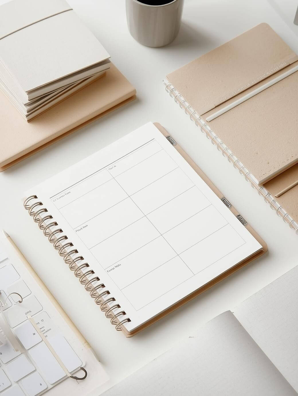 Minimal neutral desk setup with an open weekly planner, beige notebooks, coffee mug, and keyboard, representing organized business planning and calm operations.